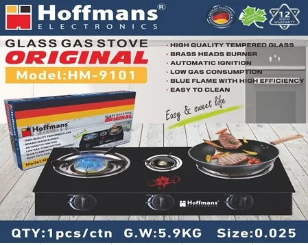 Газова плита Hoffmans HM-9101 на 3 конфорки • Настільна скляна газова варильна панель з автопідпалом і латунними пальниками
