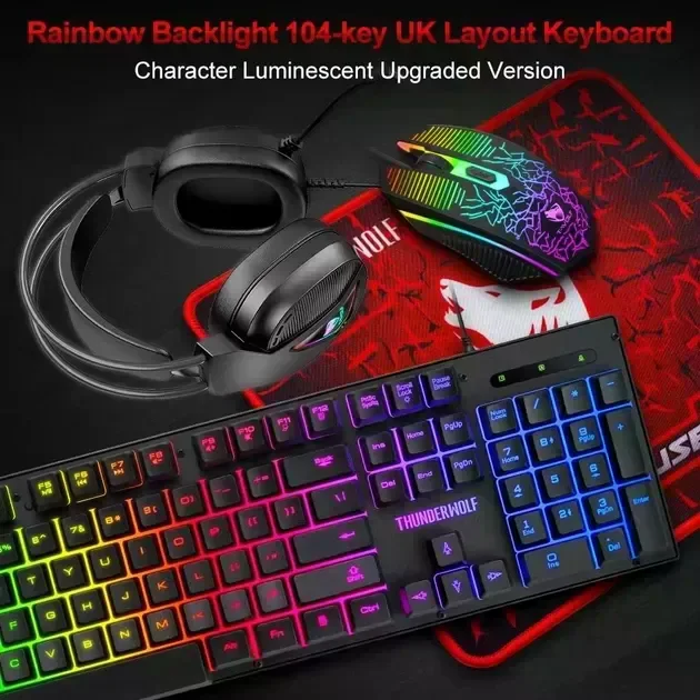 Ігровий комплект Gaming Combo 4-in-1 T-Wolf TF-400 чорний • Геймерський набір клавіатура, миша, навушники та килимок для ПК