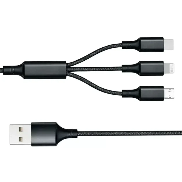 Кабель 3 в 1 26X-202 USB-A 1,2 м чорний • Зарядний кабель 26X-202 Type-C Lightning Micro USB до 6A для швидкого заряджання та передавання даних