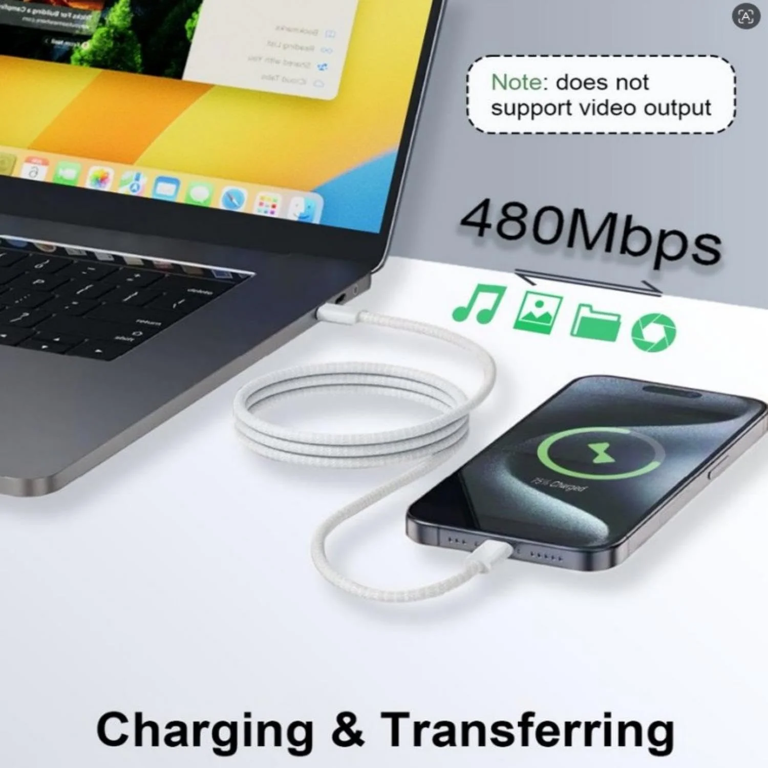Кабель Type-C–Type-C 26X-198 60W 1 м білий • Кабель USB-C–USB-C 26X-198 для швидкого заряджання iPhone 17 Pro Max із тканинним обплетенням і SIM-ключем