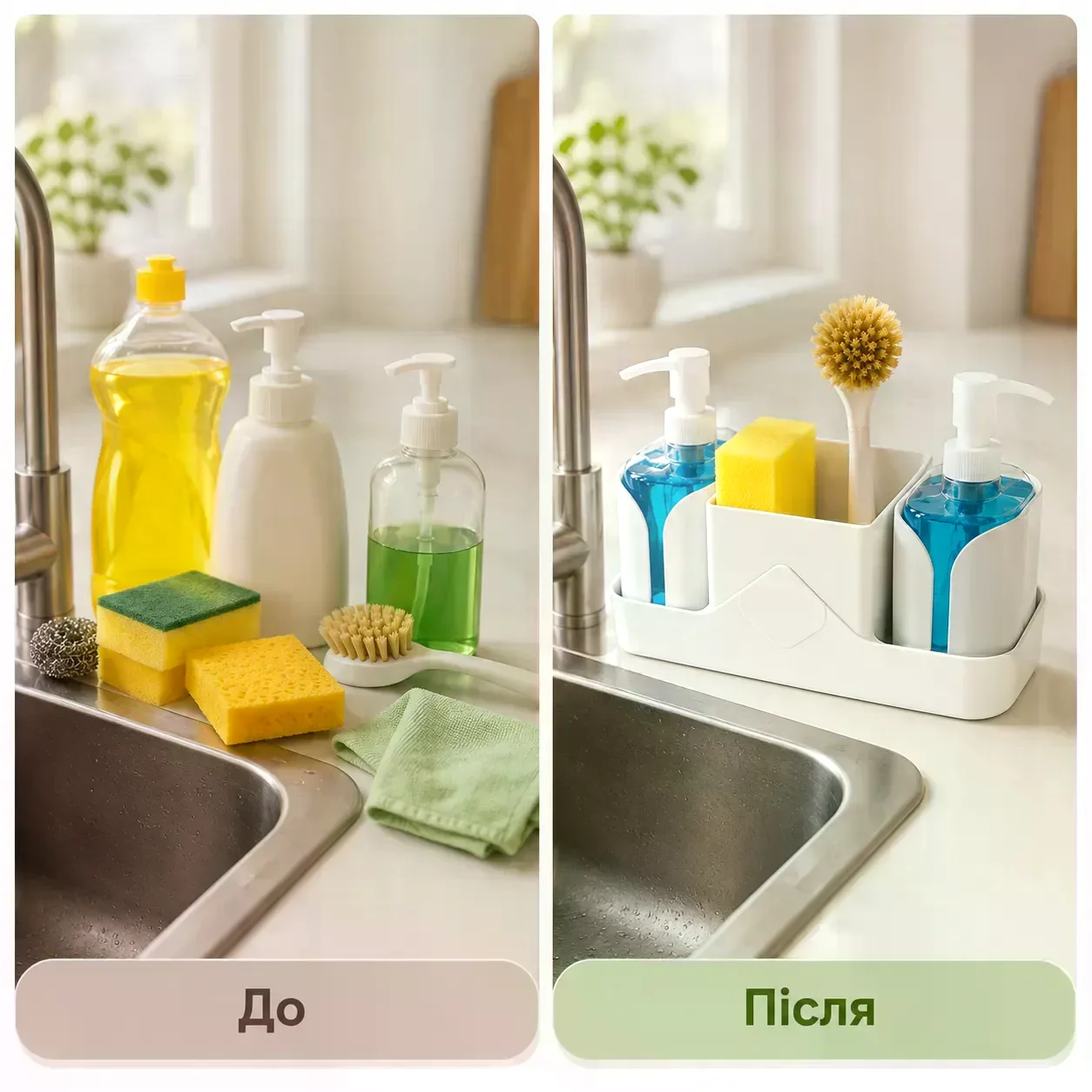 Кухонний органайзер Multifunctional Soap Dispenser 24×16 см з дозатором для мила • Органайзер для раковини з дозатором миючого засобу, тримачем для губок і щіток