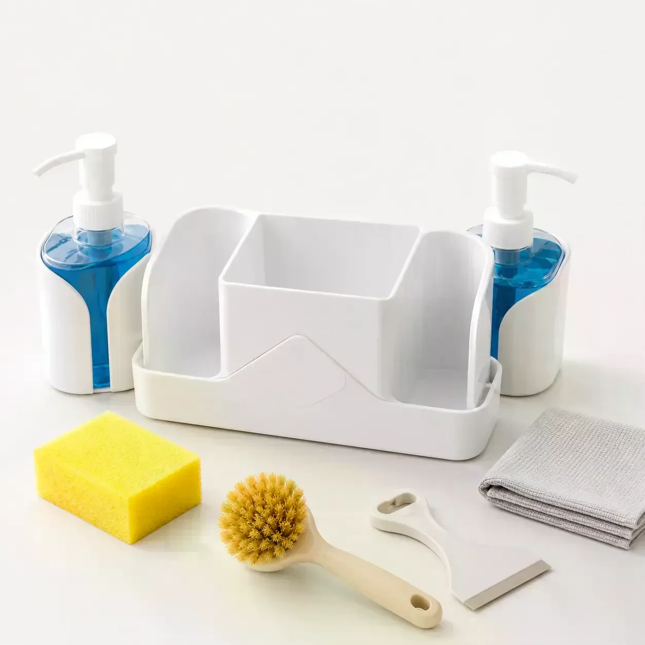 Кухонний органайзер Multifunctional Soap Dispenser 24×16 см з дозатором для мила • Органайзер для раковини з дозатором миючого засобу, тримачем для губок і щіток