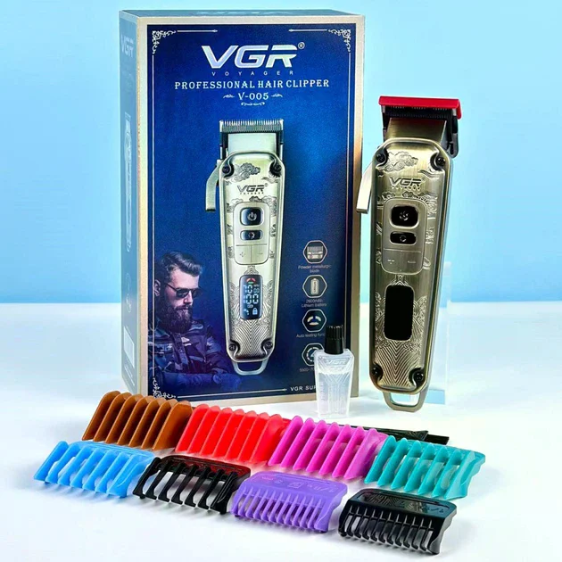 Машинка для стрижки VGR V-005 • Акумуляторна машинка для волосся та бороди VGR V-005 з LED-дисплеєм, 4 швидкостями та 8 насадками