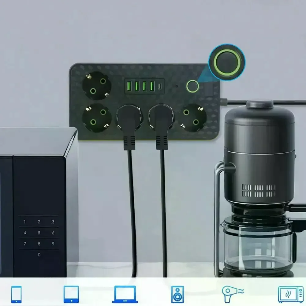 Мережевий фільтр HG-2505 на 5 розеток чорний • Подовжувач 3 м з 4 USB, Type-C, вимикачем і заземленням для дому та офісу