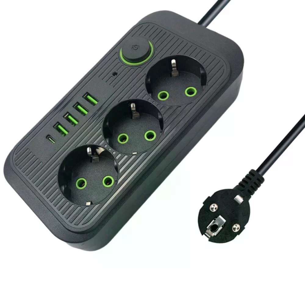 Мережевий фільтр Power Socket F09U 2500 Вт 2 м чорний • Подовжувач Power Socket F09U на 3 розетки з 4 USB, PD Type-C і вимикачем