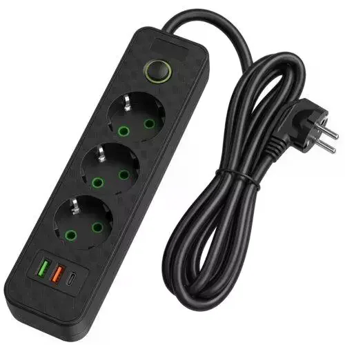 Мережевий подовжувач 26X-363 з USB і Type-C • Електричний мережевий фільтр-подовжувач 26X-363 на 3 розетки 220V з кабелем 3 м і вимикачем для дому та офісу чорний