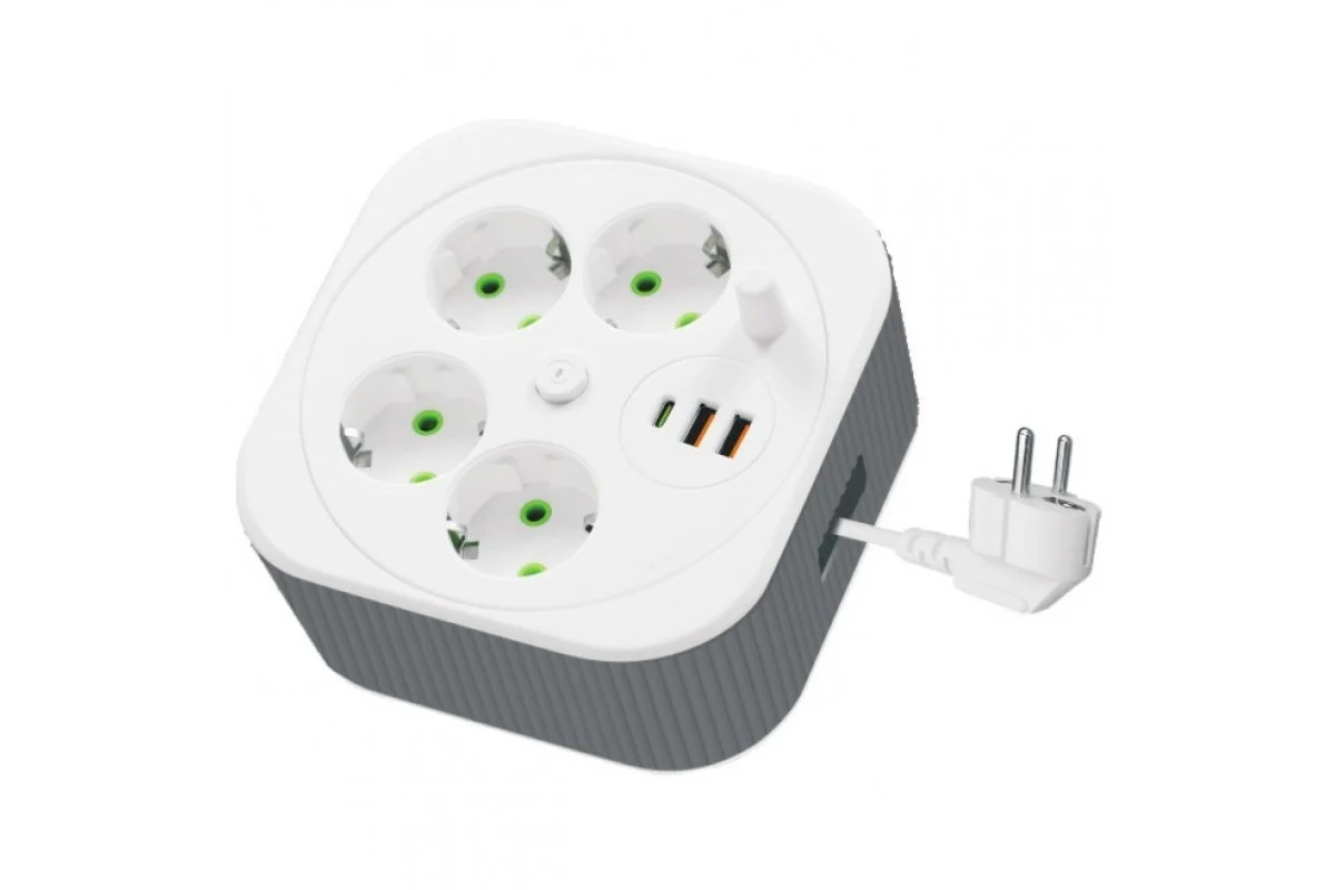 Мережевий подовжувач-фільтр A107/PNS-05 білий 4 м з LED-індикатором, 4 розетками 220V, 2 USB і PD Type-C • Розгалужувач живлення для дому, офісу та заряджання гаджетів