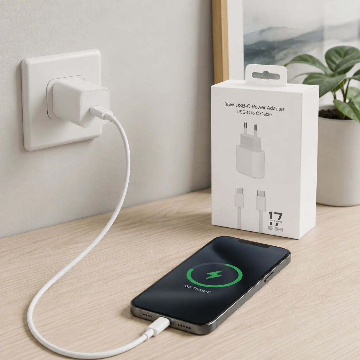 Мережевий зарядний пристрій 26X-199 35W USB-C білий • Адаптер швидкого заряджання 26X-199 з кабелем Type-C–Type-C 1 м для смартфонів і USB-C пристроїв