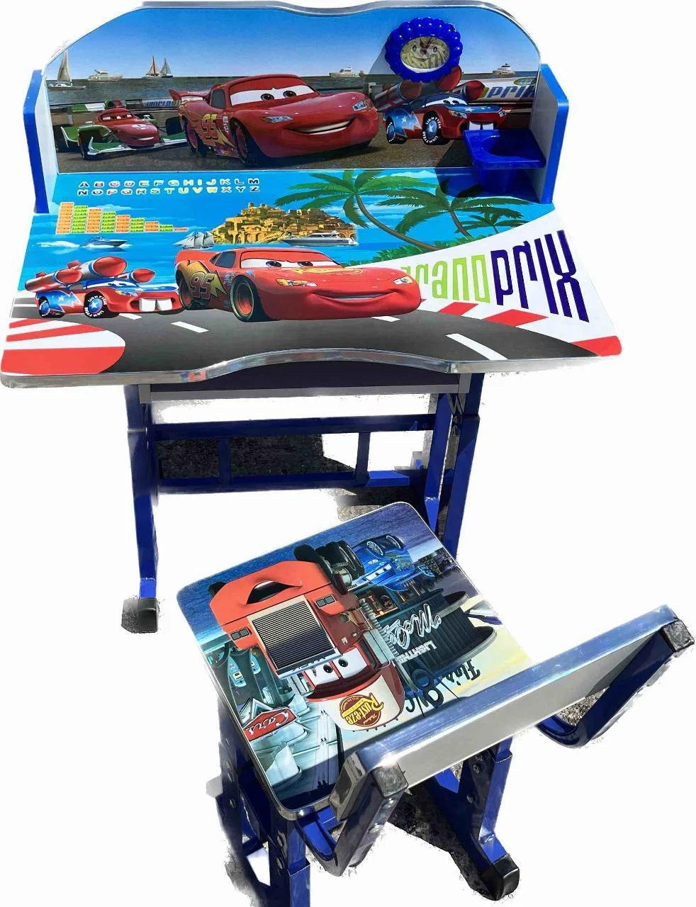 Набір дитячих меблів Disney Cars біло-блакитний • Регульована дитяча парта Disney Cars зі стільцем, полицею та підставкою для ніг