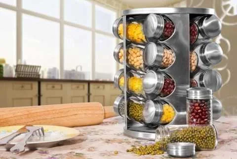 Набір ємностей для спецій Spice Wood Carousel ∙ Карусель - спецівниця на підставці ∙ 16 скляних баночок