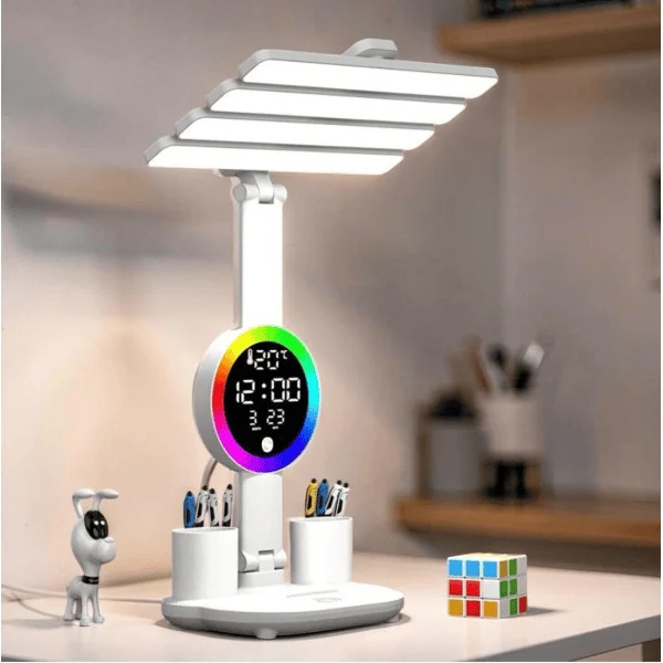 Настільна LED лампа KRX-104 з RGB-підсвіткою, вентилятором, годинником і підставкою • Акумуляторний настільний світильник 4-в-1 із сенсорним керуванням, 4 плафонами та дисплеєм для роботи, навчання і дому
