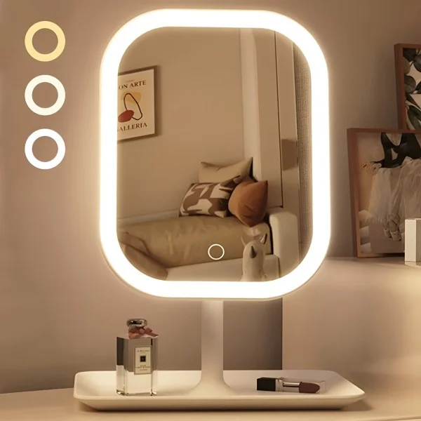 Настільне дзеркало для макіяжу KAR192 з LED-підсвіткою біле • Акумуляторне косметичне дзеркало KAR192 із сенсорним керуванням, 3 режимами світла та органайзером