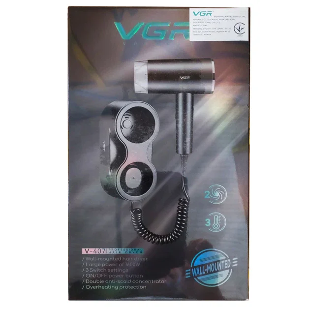 Настінний фен VGR V-407 1600 Вт чорний • Фен для волосся VGR V-407 Black з настінним кріпленням 2 швидкостями 3 температурами та концентратором