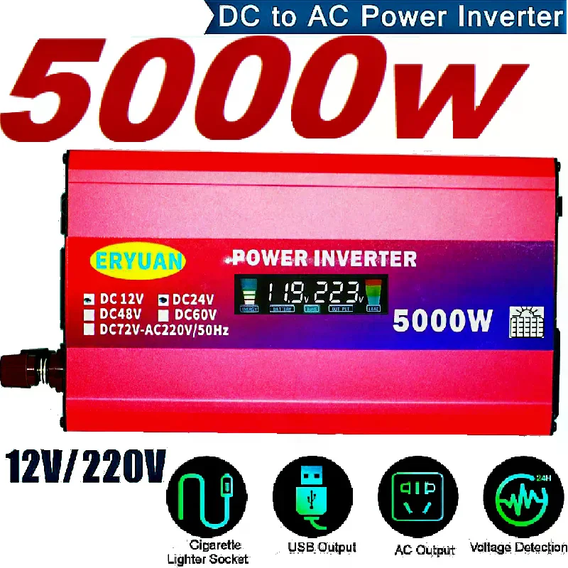 Перетворювач напруги 5000W 12V/24V у 220V з LCD-дисплеєм і підтримкою сонячної панелі • Інвертор для дому, авто, дачі та резервного живлення