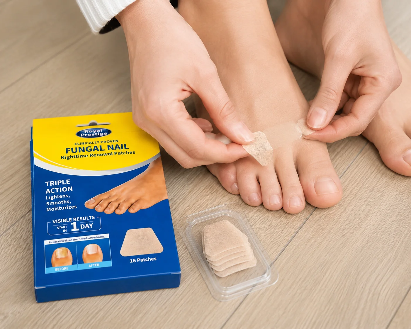 Пластирі від грибка нігтів Royal Prestige Fungal Nail 16 шт для нічного догляду • Протигрибкові пластирі Royal Prestige Fungal Nail з толнафтатом 1% для нігтів ніг