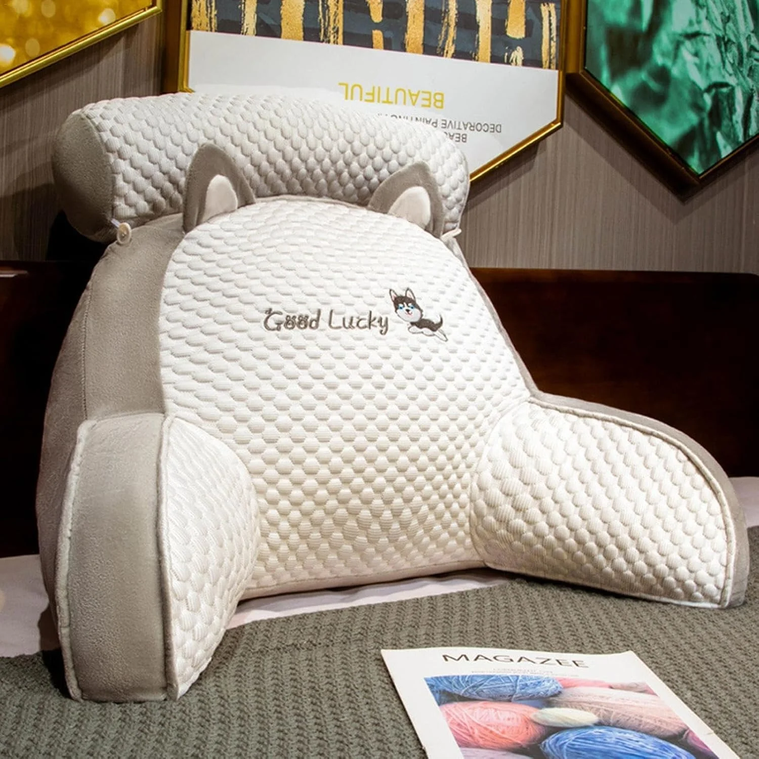Подушка-спинка PILLOW-07 для дивана біло-сіра • М’яка ортопедична подушка PILLOW-07 для читання та підтримки спини 60×40 см біло-сіра