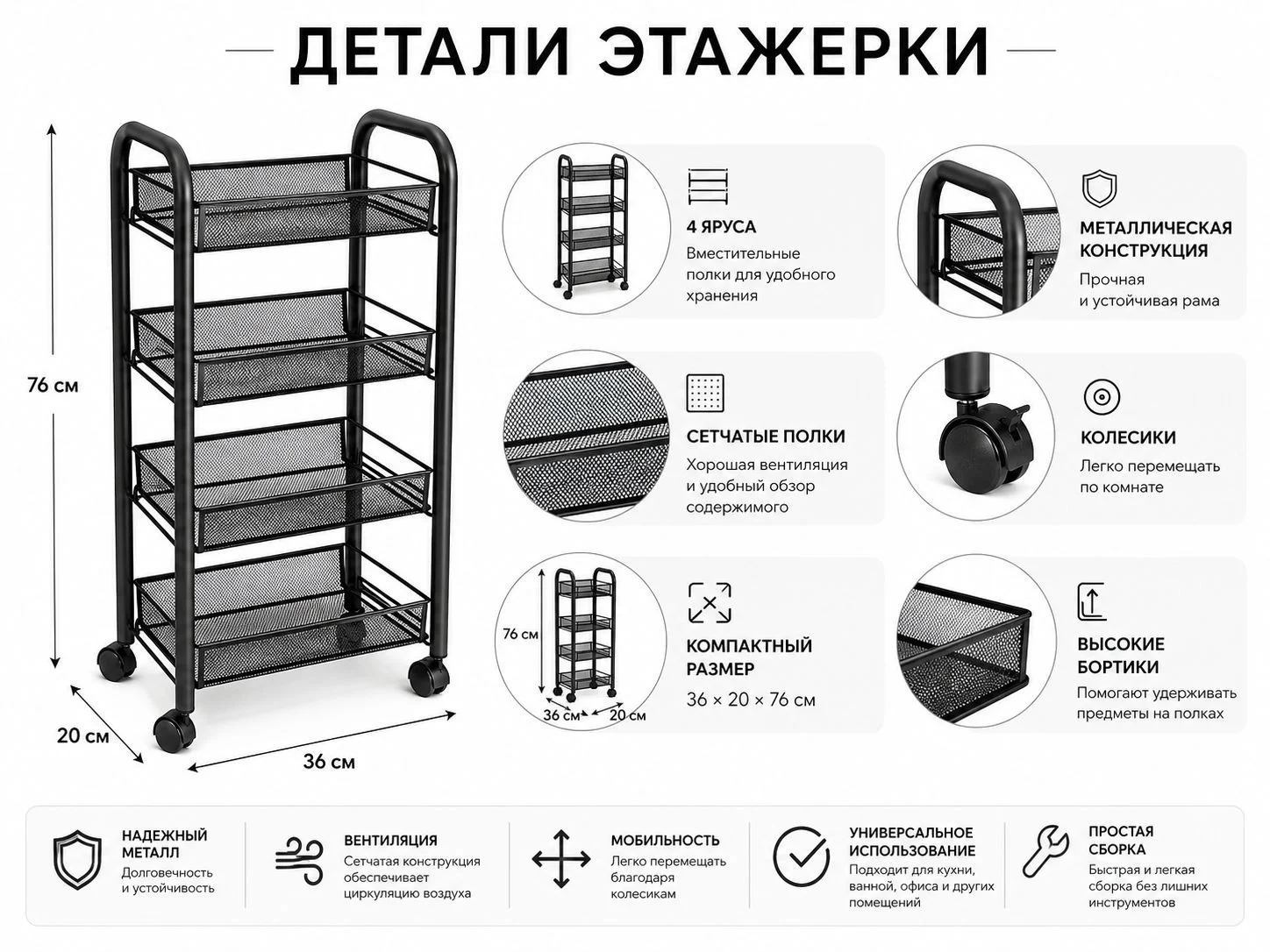 Полиця-етажерка на коліщатках 4 яруси 36×20×76 см • Металевий пересувний стелаж-органайзер для кухні ванної передпокою та зберігання речей