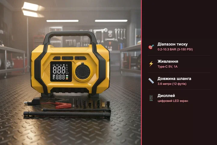 Портативний автомобільний компресор ATJ-201 жовтий • Акумуляторний насос для підкачування шин із цифровим дисплеєм, автовимкненням, Powerbank і зарядкою Type-C для авто, мотоцикла, велосипеда та надувних виробів