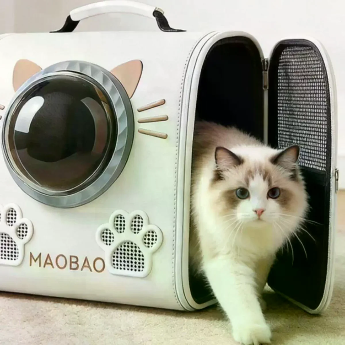 Рюкзак-переноска S-cat2 36×24×40 см білий • Рюкзак для котів S-cat2 з прозорим вікном, вентиляцією та декоративними вушками