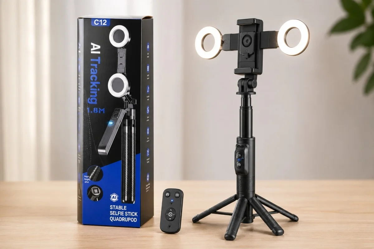 Штатив для телефона C12 з AI-автовідстеженням • Селфі-трипод C12 1,8 м з LED-підсвічуванням, поворотом 360°, Bluetooth-пультом та керуванням жестами