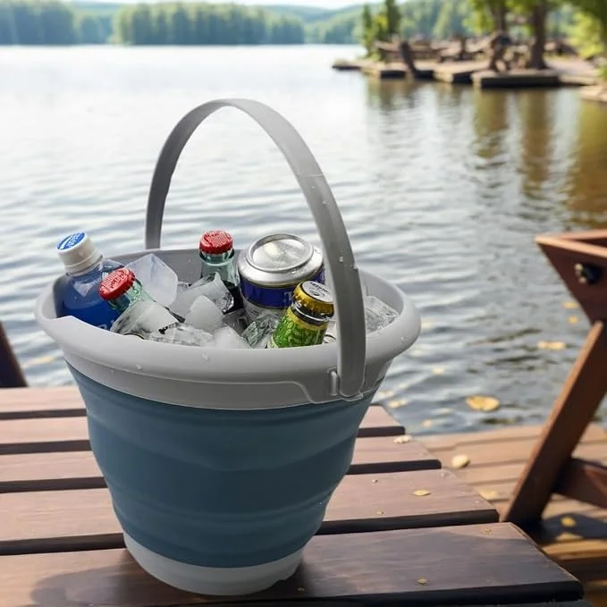 Складане силіконове відро 10 л сіре з ручкою для води та господарських завдань • Туристичне відро Collapsible Bucket 10 л сіре для риболовлі, кемпінгу, дачі та автомобіля