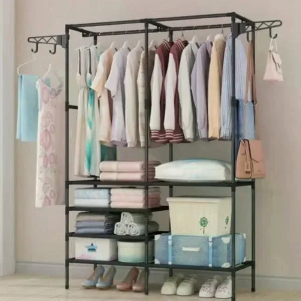 Телескопічна подвійна вішалка-стійка для одягу Double Pole NF6602-4/YL8106-2 • Підлогова складна стійка для одягу та взуття 108х45х173 см