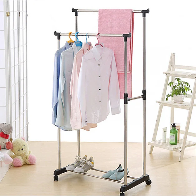 Телескопическая стойка вешалка для одежды и обуви двойная напольная Double Pole Clothes Mini