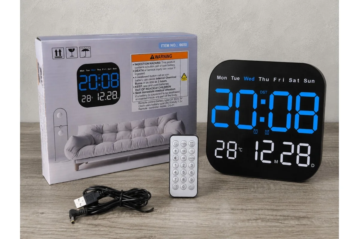 Цифровий LED-годинник 6650 з календарем • Настінний та настільний годинник 6650 з будильником, термометром, пультом ДК та USB 5V