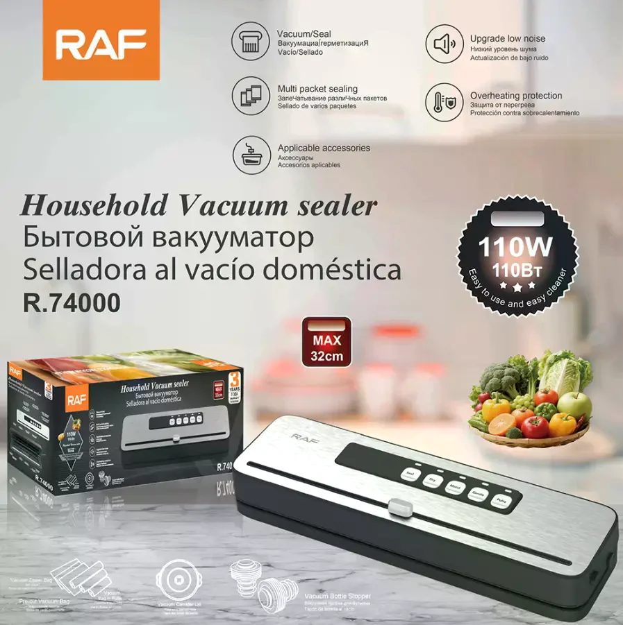 Вакуумний пакувальник для продуктів RAF R.74000 110 Вт • Домашній вакууматор із герметичним запаюванням, захистом свіжості та зберіганням без запахів