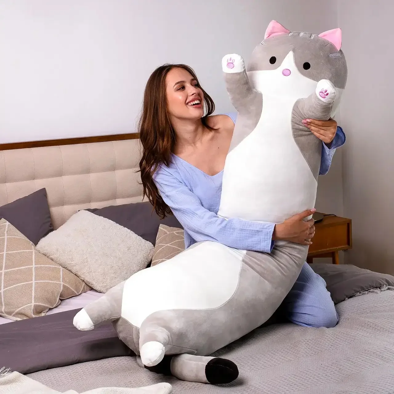 Велика м’яка іграшка-обіймашка Кіт Батон сірий 150 см • Довга плюшева подушка-антистрес кіт для сну, відпочинку та подарунка