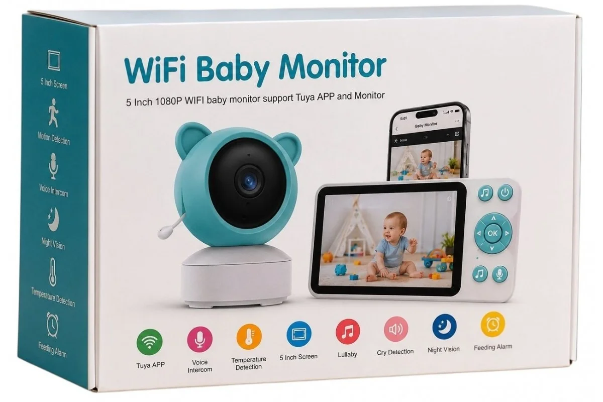 Відеоняня C8 Wi-Fi з монітором 5″ • Розумна відеоняня C8 Full HD 1080P із застосунком Tuya, нічним баченням і двостороннім зв’язком