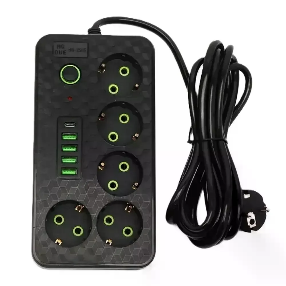 Мережевий фільтр HG-2505 на 5 розеток чорний • Подовжувач 3 м з 4 USB, Type-C, вимикачем і заземленням для дому та офісу