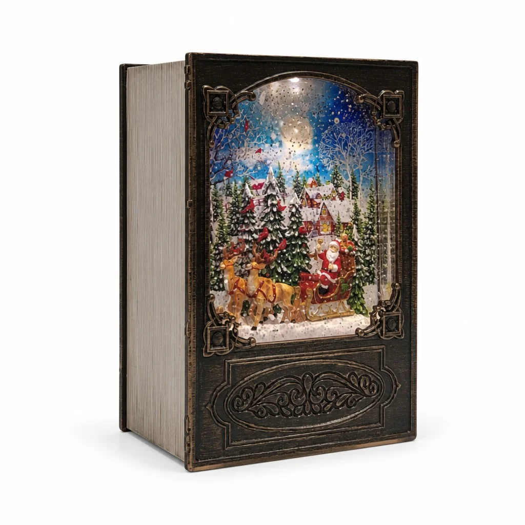 Новорічна книга з підсвічуванням XMAS WDL-24023A 19,1 см • настільний декоративний нічник з музикою, блискітками-снігопадом і живленням від USB або 3 батарейок AA