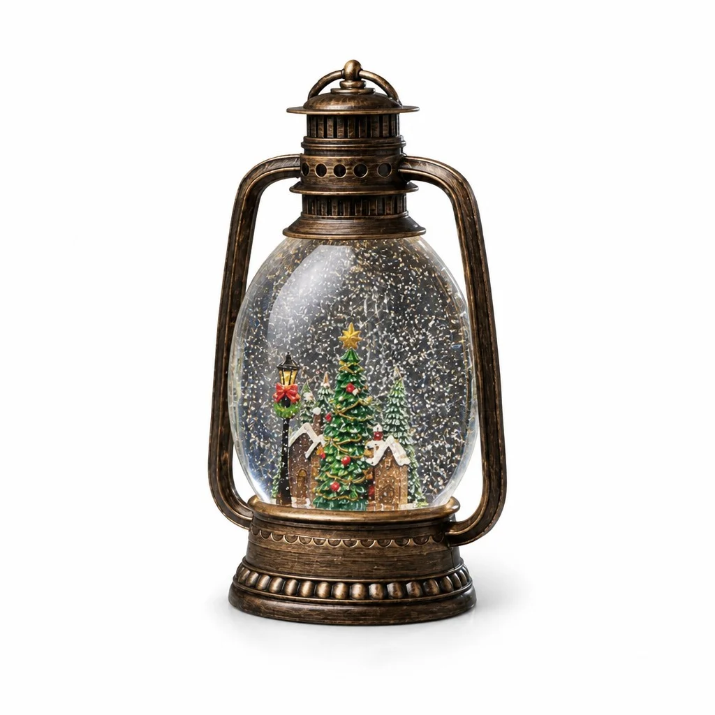 Новорічний ліхтар-нічник XMAS WDL-24028D, 27,9 см • сезонний декор зі сніговою колбою, ялинкою всередині та LED-світлом, живлення USB або AA