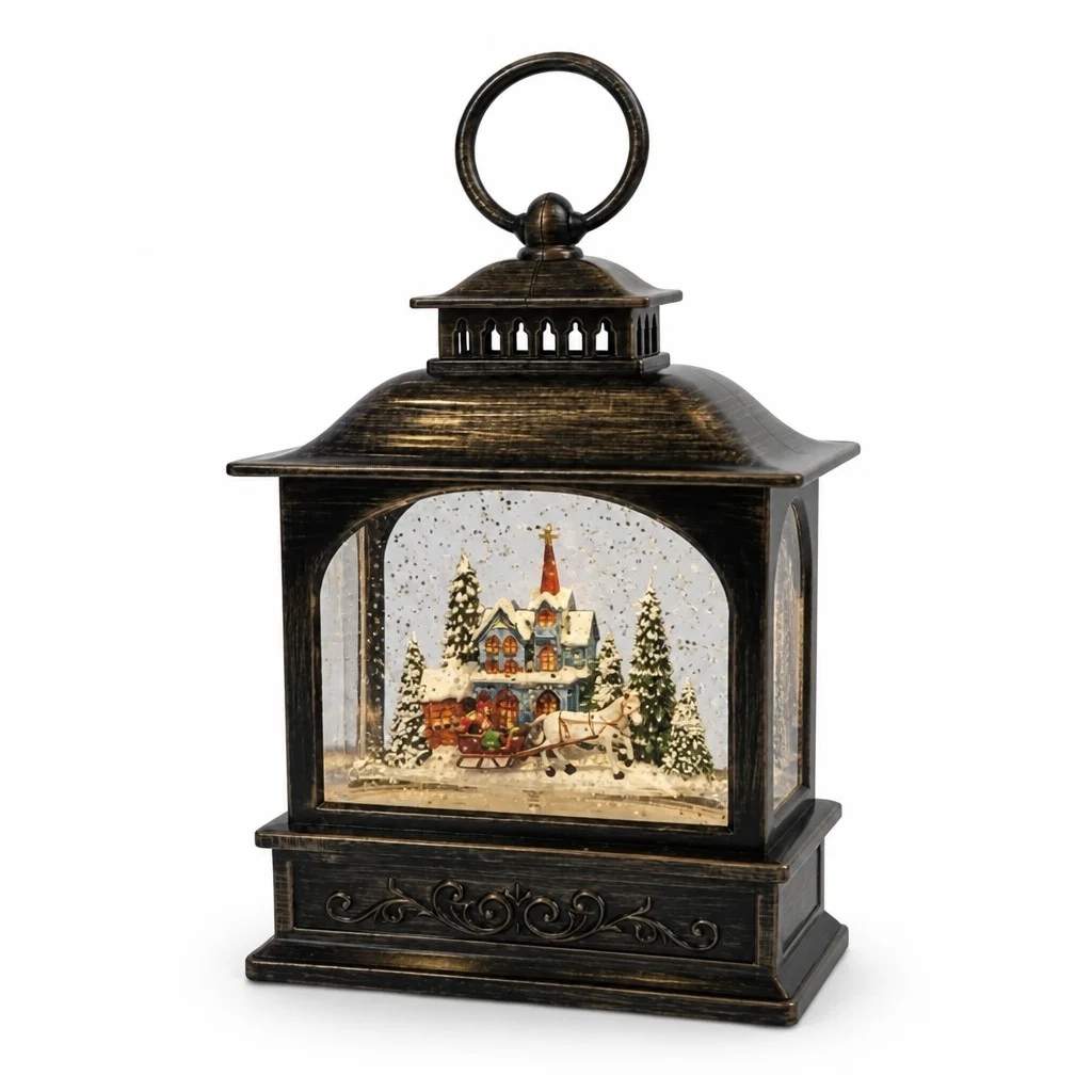 Новорічний світильник-ліхтар XMAS WDL-24072D, висота 21 см • коричневий нічник з теплим LED, блискітками-снігопадом, музикою та живленням від AA або USB