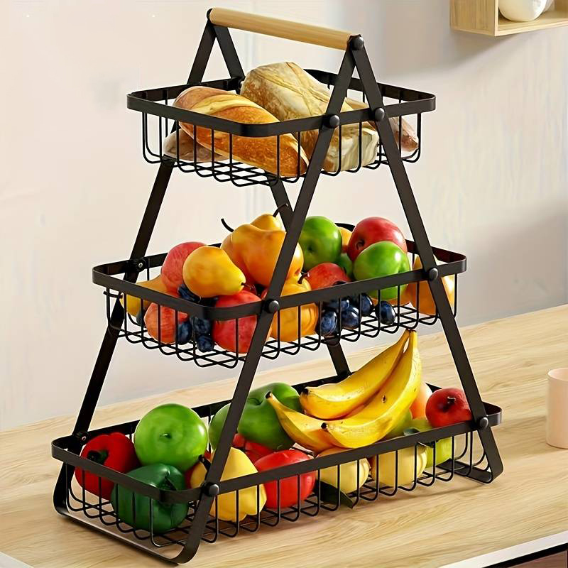 Настільний триярусний кошик - фруктівниця з дерев'яною ручкою Triple Fruit Basket · Розбірний металевий кошик для фруктів