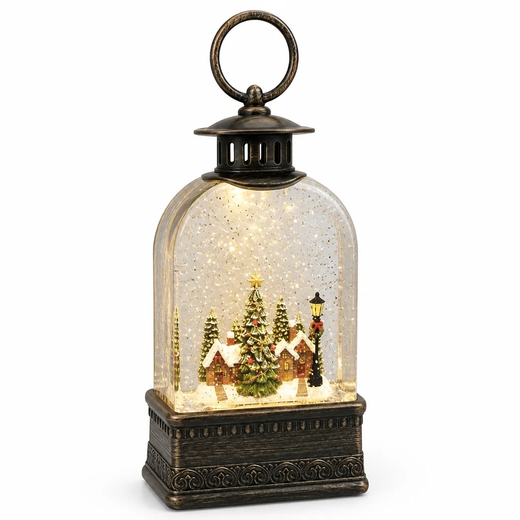 Різдвяний світильник-ліхтар XMAS WDL-23013E • новорічний нічник з LED-підсвічуванням, зимовим будиночком і ялинками для полиці, підвіконня та вітрини